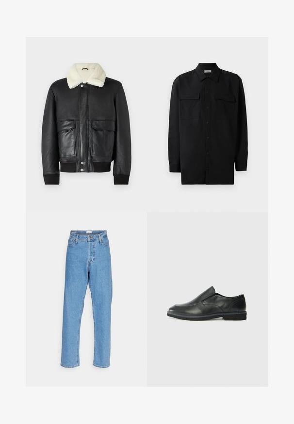 Svart läderjacka med krämfärgad fårskinnskrage, med två framfickor och ribbade muddvidder vid nederkant och ärmar.; Svart knappened skjorta i slät tyg, med klassisk krage, två frampockets samt långa ärmar med knäppning vid handlederna.; Ljusblå högmidjade raka jeans med framknapp, dragkedja, bälteshällor och femfickorsdesign på vit bakgrund.; Svart lädersko i slip-on-modell med en slät ovandel, sömnadsdetaljer, rund tå och låg gummihäl. Sulan har minimal mönstring.
