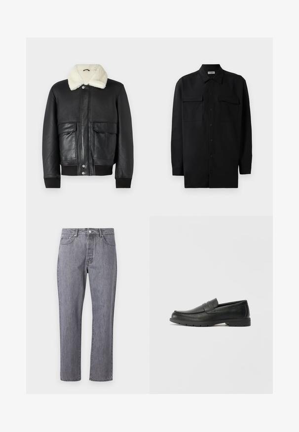 Black leather jacket with a cream shearling collar, featuring two front pockets and ribbed cuffs at the hem and sleeves.; Black button-up shirt made of smooth fabric, featuring a classic collar, two front pockets, and long sleeves with button cuffs.; Gray denim jeans with a straight-leg design, five pockets, a button closure, and subtle whiskering effect on the fabric texture.; Black leather loafers with a smooth finish, moccasin-style upper, stitched detailing, and a rubber sole. Classic design with a low heel.