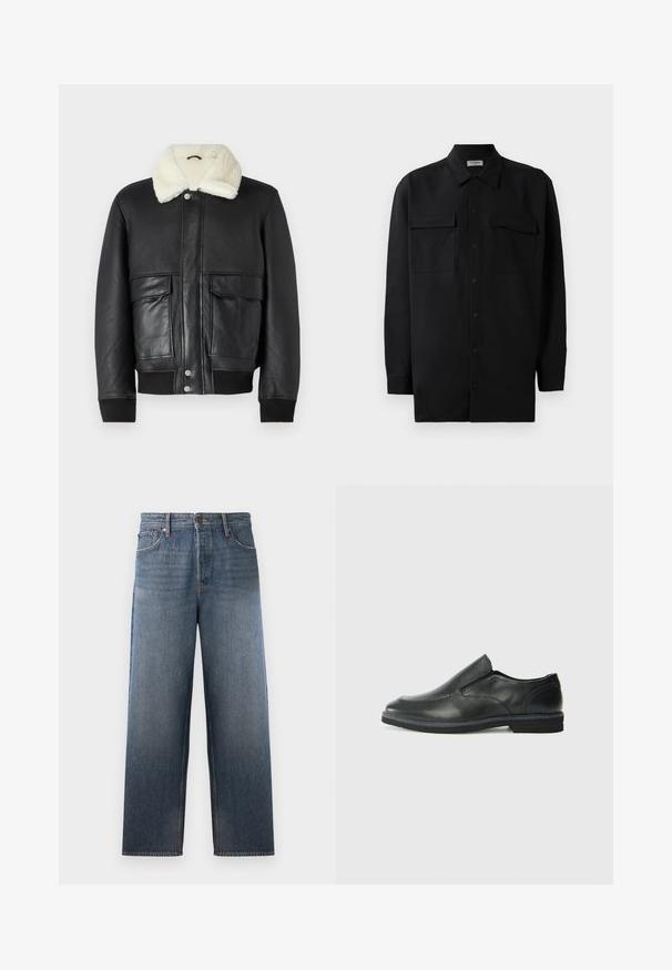 Čierna kožená bunda s krémovým beránkovým golierom, s dvoma prednými vreckami a rebrovanými manžetami na leme a rukávoch.; Čierna košeľa na gombíky vyrobená z hladkej tkaniny, so klasickým golierom, dvoma prednými vreckami a dlhými rukávmi s gombíkovými manžetami.; Džínsy v stredne modrej farbe so strižným strihom, obsahujúce päť vreciek, zapínanie na gombík a zips a jemné efekty vyblednutia.; Čierny kožený nazúvací topánka s hladkým zvrškom, prešitými akcentmi, zaoblenou špičkou a nízkym gumovým podpätkom. Podošva má minimálny dezén.