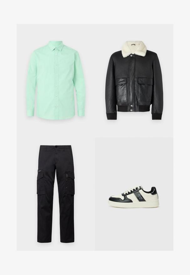 Juodas odinis švarkas su kreminės spalvos avikailio apykakle, turintis dvi priekines kišenes ir raukšlėtus rankogalius ant hem ir rankovių.; Mėtų žalios spalvos marškiniai su ilgomis rankovėmis, apykakle ir užsegimu priekyje. Lygus paviršius, vientisa spalva be matomų raštų ar akcentų.; Juodos krovinių kelnės, turinčios kelis kišenes, užtrauktuku uždaromą kišenę ant šlaunies, tiesaus kirpimo ir tvirtos medvilnės audinys su nežymiu blizgesiu.; Odiniai sportbačiai juodos ir kreminės spalvų schemoje, su perforuotais akcentais, paminkštinta apykakle ir tekstūruotu padu.