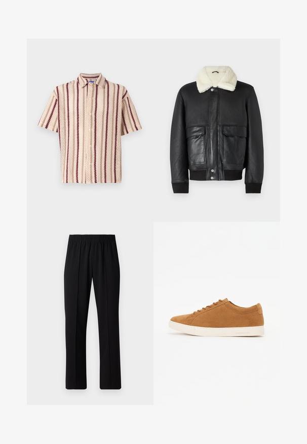 Giubbotto di pelle nera con colletto in shearling color crema, dotato di due tasche frontali e polsini a coste all'orlo e alle maniche.; Camicia a maniche corte con bottoni di colore beige, con strisce bordeaux e crema, caratterizzata da un motivo testurizzato e dettagli sul colletto.; Pantaloni neri con vita elasticizzata e design a gamba dritta, caratterizzati da una texture liscia e senza motivi o hardware visibili.; Sneaker in suede marrone con design low-top, suola in gomma bianca e punta rotonda. Presenta lacci abbinati e una grafica minimal sul tallone.