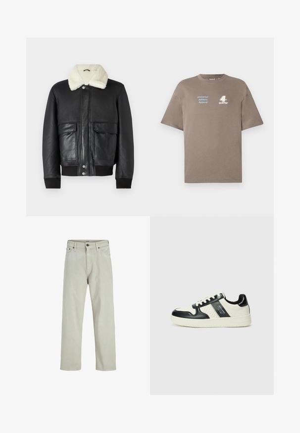 Melnas ādas jaka ar krēmkrāsas aitas vilnu apkakli, kurai ir divi priekšējie kabati un ribota apakšmala un piedurknes.; Brūns kokvilnas t-krekls ar apaļu kakla izgriezumu. Priekšpusē ir zils teksts "Universal Athletic Apparel" un balts "4th quarter" logo. Īsas piedurknes.; Gai krēmkrāsas džinsu bikses ar taisnu kāju dizainu, piecām kabatām un pogu aizdari viduklī, ar minimālām šuvju detaļām.; Ādas sporta apavi ar melnbaltu krāsu shēmu, ar perforētiem akcentiem, mīkstinātu apkakli un teksturētu zoli.