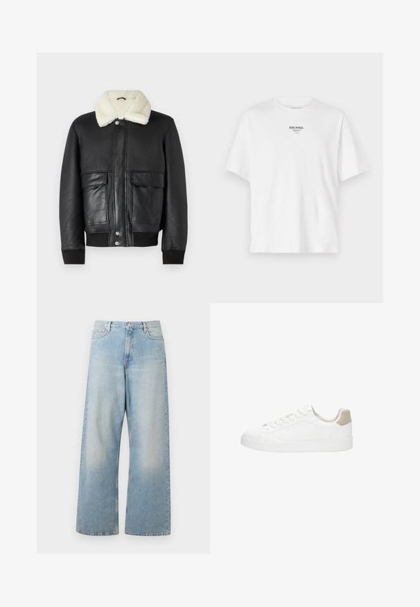 Veste en cuir noir avec un col en shearling crème, dotée de deux poches avant et de poignets côtelés à l'ourlet et aux manches.; T-shirt en coton blanc avec un col rond, des manches courtes et un logo imprimé "ESS.WRD." sur la poitrine, design minimal.; Jeans larges bleu clair en denim, dotés d'une taille haute, de poches avant et d'un délavage avec un léger usure au niveau des cuisses.; Baskets blanches avec une tige en cuir lisse et un bout rond. Présentent un capuchon de talon en daim tan, des lacets plats et une semelle en caoutchouc blanche.