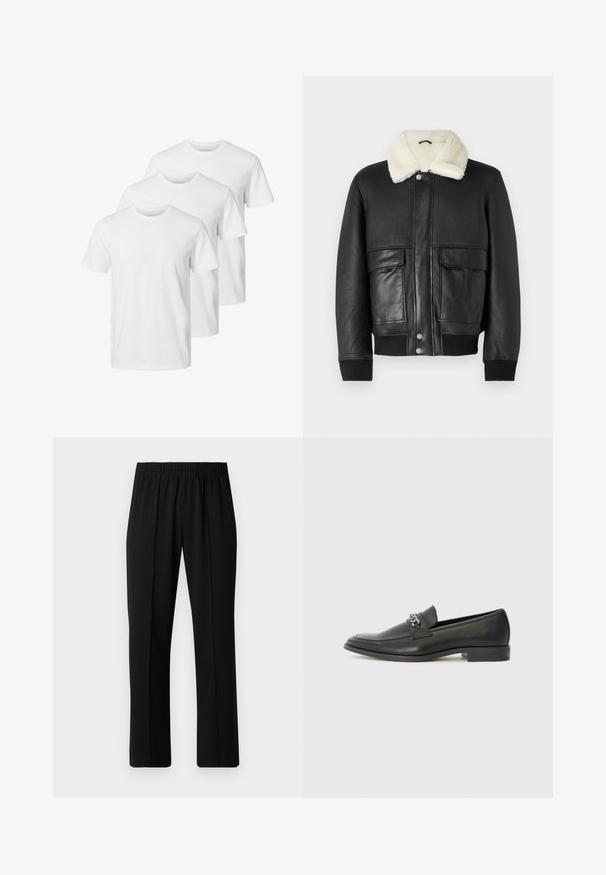 Černá kožená bunda s krémovým střevíčkem, která má dvě přední kapsy a žebrované manžety na hemu a rukávech.; Bílé bavlněné trička ve stylu s kulatým výstřihem, se krátkými rukávy a standardní velikostí. Tři trička jsou uspořádána v řadě.; Černé kalhoty s elastickým pasem a rovnými nohavicemi, s hladkým povrchem a bez viditelných vzorů nebo kovových doplňků.; Černé kožené mokasíny s hladkým povrchem, s prošívaným designem a dekoračním kovovým řetízkem přes nárt. Plochý podpatek.
