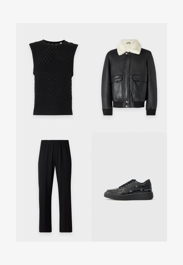 Juodas odinis švarkas su kreminės spalvos avikailio apykakle, turintis dvi priekines kišenes ir raukšlėtus rankogalius ant hem ir rankovių.; Juodas be rankovių trikotažo topas su tekstūruotu raštu, kuriame yra deimanto formos ir mažų skylučių. Apatinėje dalyje užbaigtas apvaliu iškirpimu ir banguotu kraštu.; Juodos, elastingos juosmens kelnės su tiesiomis kojomis, turinčios lygų paviršių ir be matomų raštų ar detalių.; Juodos odinės sportbačiai su lygiu paviršiumi, apvalia nosimi ir kontrastingu juodu guminiu padu. Yra plokščios raištelės ir prekės ženklas ant šono.