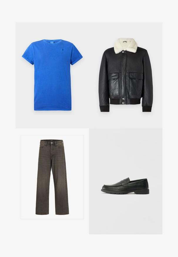 Fekete bőrkabát krém színű, gyapjúszerű gallérral, két első zsebbel és bordás passzéval az alsó részén és az ujjaknál.; Kék pamut rövid ujjú póló, kerek nyakkivágással. Felhajtható ujjak és sötétkék kis logó található a mellen.; Széles lábú farmernadrág sötétszürke denimből, magas derékkal, klasszikus öt zsebes kialakítással és kontrasztos varrással az illesztések mentén.; Fekete bőr mokaszinok sima felülettel, a mokaszin stílusú felsőrésszel, varrott részletezéssel és gumitalppal. Klasszikus dizájn alacsony sarokkal.