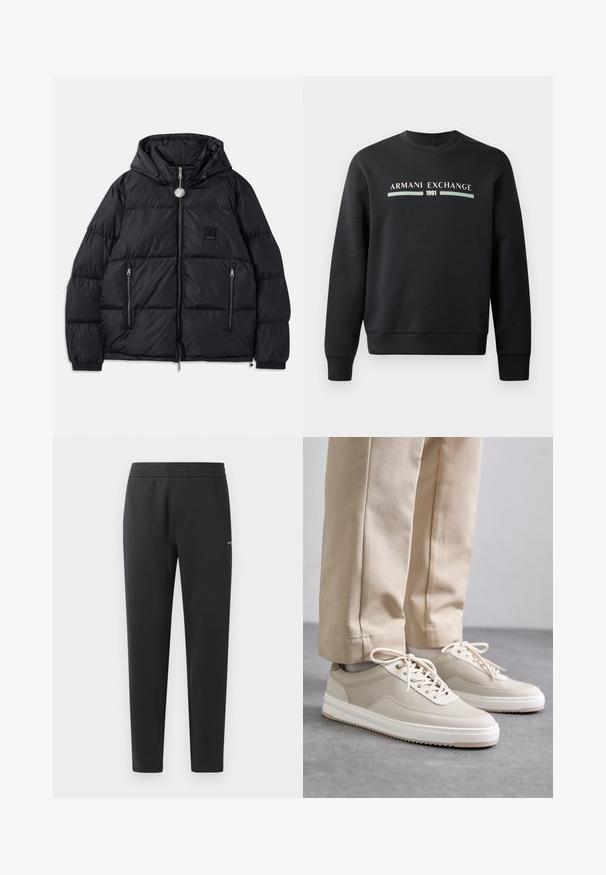 Juodas pūkuotas džemperis su kapišonu, su išsiuvinėtu raštu, užtrauktuku priekyje, dviem šoninėm kišenėm ir mažyte logotipo etiketė ant krūtinės.; Juodas džemperis, pagamintas iš minkštos medžiagos. Papuoštas apvaliu kaklu ir ilgomis rankovėmis. Priekyje išspausdinta "ARMANI EXCHANGE" ir "1991" kontrastingomis spalvomis.; Juodos sportinės kelnės, pagamintos iš minkštos medžiagos, su elastinga juosmeniu, tiesiomis kojomis ir nedideliu logotipo akcentu šone.; Šviesiai rudos sportbačiai su tekstūruota viršutine dalimi, baltais padais ir siuvinėjimais, derinami su šviesiai rudomis kelnėmis, rodomi ant pilkos paviršiaus.