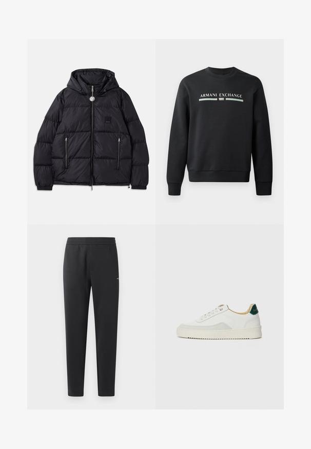 Čierna prešívaná bunda s kapucňou, so zipsom vpredu, dvoma bočnými vreckami a malou nášivkou na hrudi.; Čierna mikina vyrobená z mäkkej tkaniny. Má okrúhly výstrih a dlhé rukávy. Na prednej strane zobrazuje "ARMANI EXCHANGE" a "1991" v kontrastných farbách.; Čierne joggingové nohavice z mäkkej tkaniny, s elastickým pásom, rovnými nohavicami a malým logom na boku.; Biele tenisky s semišovými akcentmi, zaoblenou špičkou, plochými šnúrkami a krémovou gumovou podrážkou. Na päte sú zelené značky.
