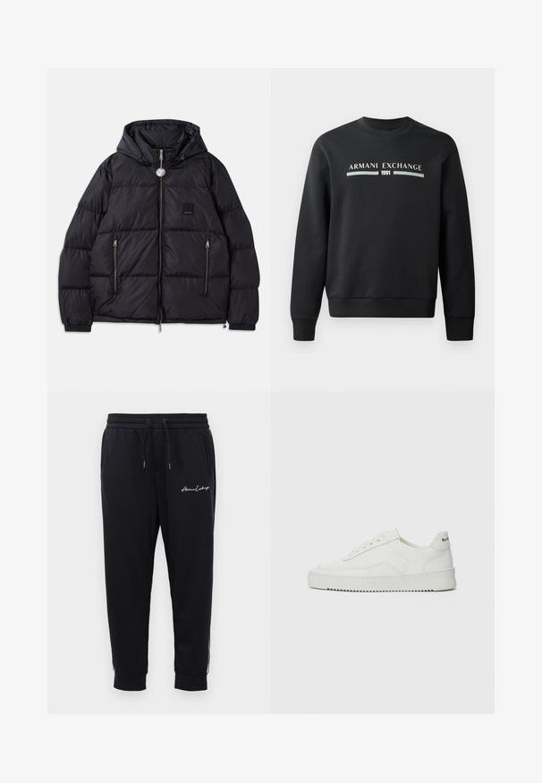Melnā pūkainā jaka ar kapuci, ar quilted tekstūru, ar rāvējslēdzi priekšā, divām sānu kabatām un mazu logo uzšūtu uz krūtīm.; Melna sporta krekla izgatavots no mīksta auduma. Tam ir apaļš kakls un garas piedurknes. Priekšpusē ir rakstīts "ARMANI EXCHANGE" un "1991" kontrastējošās krāsās.; Melnas treniņbikses, kas izgatavotas no mīksta auduma, ar elastīgu jostasvietu un auklu, ar izšūtu logotipu un kabatām ar rāvējslēdzējiem.; Baltas ādas sneakers ar gludu virsmu, apaļu pirkstu daļu, plakaniem šņorēm un teksturētu zoli. Satur diskrētu logotipu uz papēža.