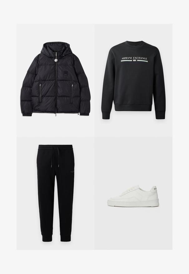 Czarna kurtka puchowa z kapturem, z pikowanym wzorem, zamek błyskawiczny z przodu, dwie boczne kieszenie oraz mała naszywka z logo na klatce piersiowej.; Czarna bluza wykonana z miękkiego materiału. Ma okrągły dekolt i długie rękawy. Z przodu widnieje napis "ARMANI EXCHANGE" oraz "1991" w kontrastowych kolorach.; Czarne spodnie dresowe wykonane z mieszanki bawełny, z elastycznym pasem ze sznurkiem, wykończone ściągaczami u kostek oraz subtelnym nadrukiem logo po boku.; Białe skórzane sneakersy o gładkim wykończeniu, okrągłym nosku, płaskich sznurówkach i teksturowanej podeszwie. Charakteryzują się delikatnym logo na pięcie.