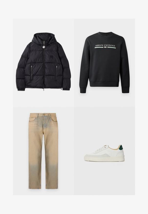 Svart dunjakke med hette, med kviltet tekstur, glidelås foran, to sidelommer og liten logo-patch på brystet.; Svart hettegenser laget av mykt stoff. Har rund hals og lange ermer. Framsiden viser "ARMANI EXCHANGE" og "1991" i kontrastfarger.; Beige denim jeans med en rett ben design, med en falmet effekt nederst, fem-lomme stil, og knappelukking.; Hvit sneakers med semsket detaljer, rund tå, flate snøringer og en kremfarget gummisåle. Har grønn merking på hælen.