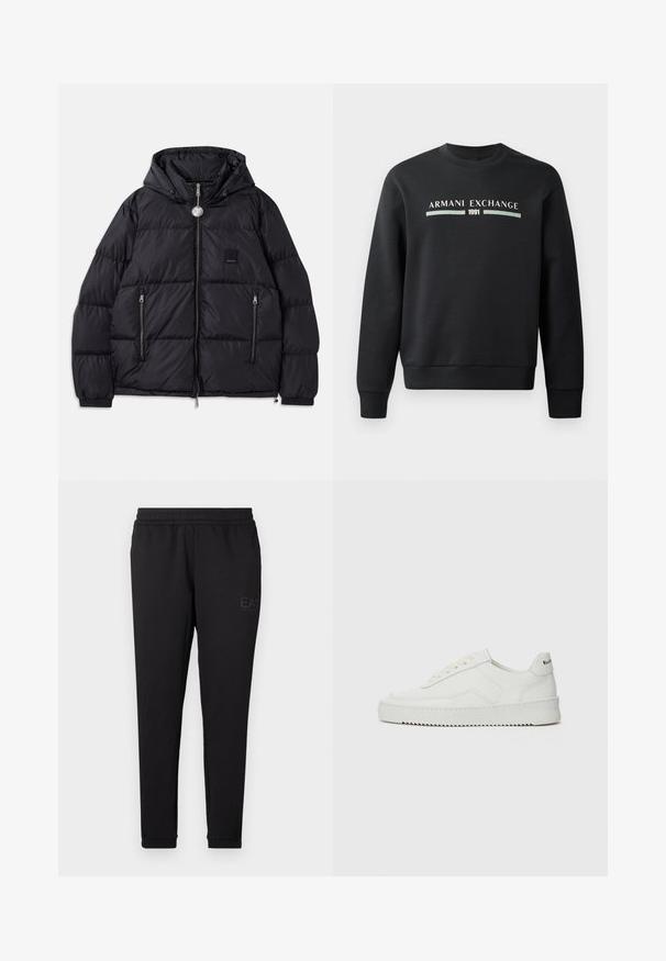 Zwarte pufferjack met capuchon, voorzien van een gewatteerde textuur, een rits aan de voorkant, twee zijzakken en een klein logo-op-patch op de borst.; Zwarte sweatshirt gemaakt van zachte stof. Heeft een ronde hals en lange mouwen. De voorkant toont "ARMANI EXCHANGE" en "1991" in contrasterende kleuren.; Zwarte joggingsbroek van zacht weefsel, met een elastische tailleband, nauwsluitende boorden en een klein logo op de zijkant gedrukt.; Witte leren sneaker met een gladde afwerking, ronde neus, platte veters en een gestructureerde zool. Kenmerkt zich door een subtiel logo op de hiel.