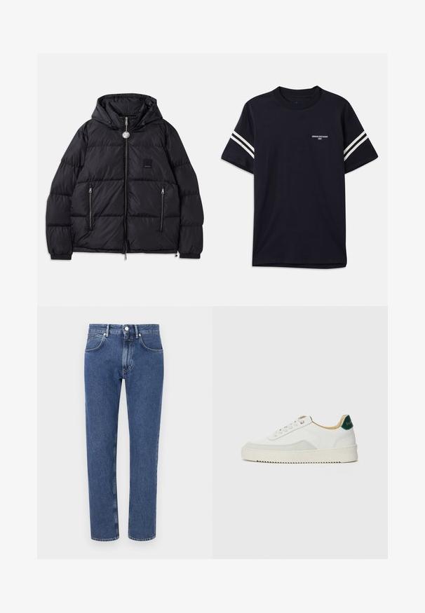 Chaqueta acolchada negra con capucha, de textura acolchada, con cremallera frontal, dos bolsillos laterales y pequeño parche con el logo en el pecho.; Camiseta azul marino de algodón, con cuello redondo, mangas cortas y rayas blancas en los hombros, con un logo impreso en el pecho.; Vaqueros de mezclilla azul con un diseño de pierna recta, costuras reforzadas, estilo de cinco bolsillos y cierre frontal de botón.; Zapatilla blanca con acentos de ante, puntera redondeada, cordones planos y suela de goma color crema. Presenta un logo verde en el talón.