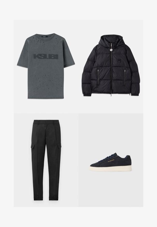 Svart puffjacka med huva, med quiltad textur, dragkedja fram, två sidofickor och en liten logotypapplikation på bröstet.; Grå oversized t-shirt i bomull med slitna detaljer och en stor svart "KSUBI"-logotyp på framsidan. Korta ärmar, rundad halsringning.; Svarta cargobyxor med elastisk midja, avsmalnande ben, sidofickor och en enda cargoficka på vänster lår. Slät textur.; Mörkblå mocka låga sneakers med vit sula, mörkblå snören och "Filling Pieces"-logotyp i guld på sidan.