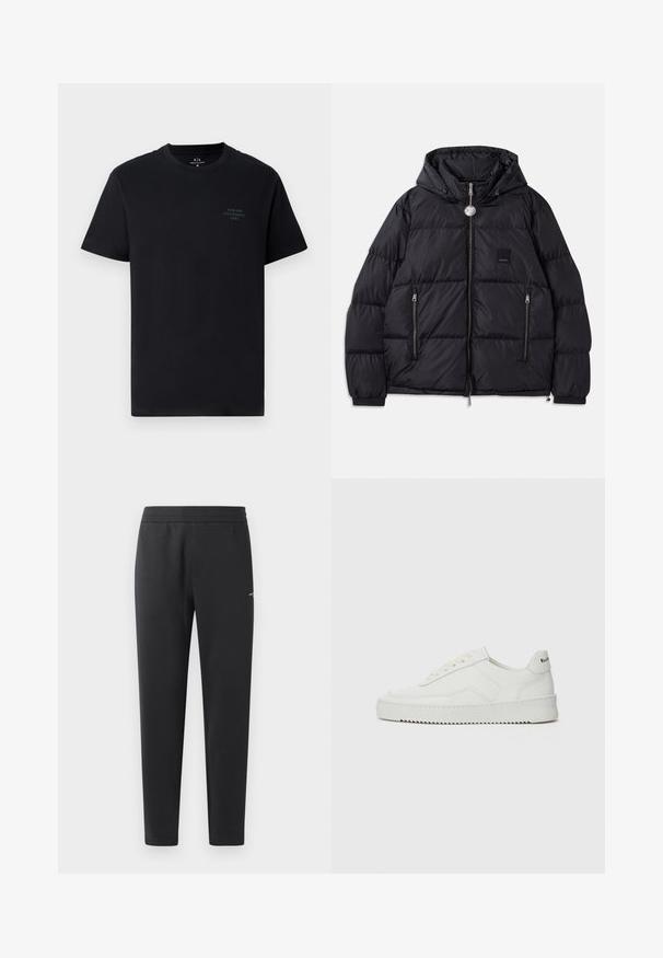 Fekete puffkabát kapucnival, steppelt textúrával, cipzáras elülső résszel, két oldalsó zsebbel és kis logóval a mellrészen.; Fekete pamut póló, kerek nyakkal, rövid ujjakkal, és egy kis, színben harmonizáló Armani Exchange logóval a mellkason. Egyszerű, klasszikus dizájn.; Fekete sportnadrág puha anyagból, rugalmas derékpánttal, egyenes szárakkal és egy kis logó részlettel az oldalán.; Fehér bőr sportcipő sima felülettel, kerek orral, lapos fűzőkkel és texturált talppal. Finom logó található a sarokon.