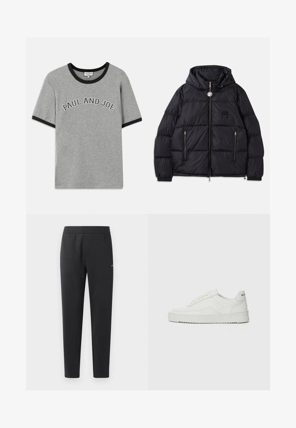 Zwarte pufferjack met capuchon, voorzien van een gewatteerde textuur, een rits aan de voorkant, twee zijzakken en een klein logo-op-patch op de borst.; Grijze katoenen T-shirt met zwarte ribbelkraag en mouwboorden, met de tekst "PAUL AND JOE" in witte gebogen letters op de voorkant.; Zwarte joggingsbroek gemaakt van zachte stof, met een elastische tailleband, rechte pijpen en een klein logo detail aan de zijkant.; Witte leren sneaker met een gladde afwerking, ronde neus, platte veters en een gestructureerde zool. Kenmerkt zich door een subtiel logo op de hiel.