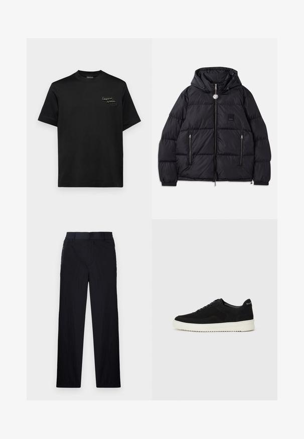 Svart dunjakke med hette, med kviltet tekstur, glidelås foran, to sidelommer og liten logo-patch på brystet.; Emporio Armani T-shirts med print - black; Sorte bukser med lett og teksturert stoff, rett ben-design, elastisk midjebånd og sidelommer med glidelås.; Svart semsket sneakers med snøring og kontrasterende hvit gummisåle. Har teksturerte sidepaneler og subtil merkevare på hælen.