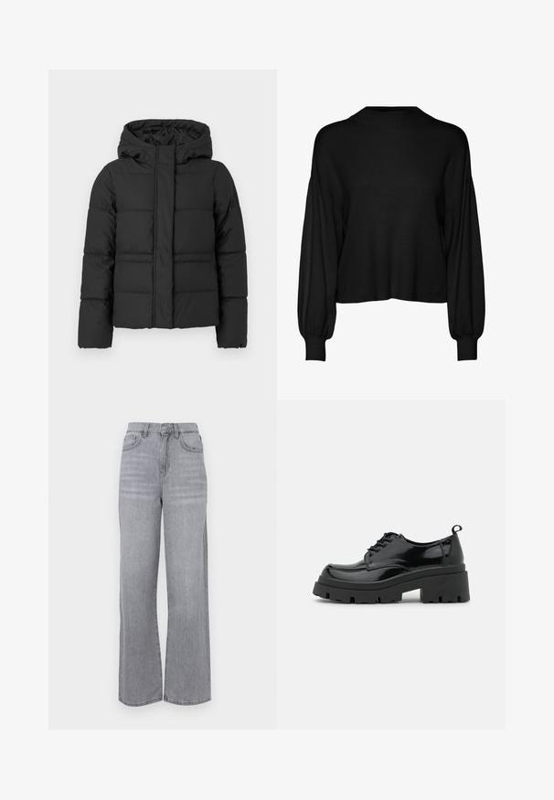 Črna puhovka iz prešitega blaga, z kapuco, zadrgo in nekoliko skrajšano prileganje. Gladka tekstura s oblazinjenimi deli.; Črn, skrajšan pulover z dolgimi, voluminoznimi rokavi. Ima visok ovratnik in rebrasto teksturo. Izdelan je iz mehke pletene tkanine.; Visoko pasovanje, široke hlače iz svetlo sive denimske tkanine s pošvedrjenim zaključkom, ki vključujejo sprednji gumb in pet žepov.; Črne lakaste usnjene čevlje z debelim platformnim podplatom in debelimi vezalkami. Okrogla špička, minimalno okrasje in majhen jeziček na hrbtu.