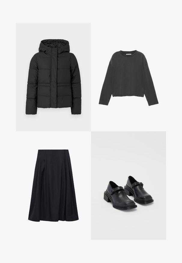 Jachetă puffer neagră din material matlasat, cu glugă, închidere cu fermoar și un croi ușor scurtat. Textură netedă cu secțiuni umplute.; Tricou negru scurt cu mânecă lungă din material de bumbac moale. Prezintă un guler rotund și cusături vizibile de-a lungul cusăturilor.; Mango THAI - Fustă în formă de A - blue; Pantofi din piele neagră cu vârf rotunjit, talpă plată și o curea cu detaliu de cataramă. Toc gros pentru o stabilitate suplimentară.