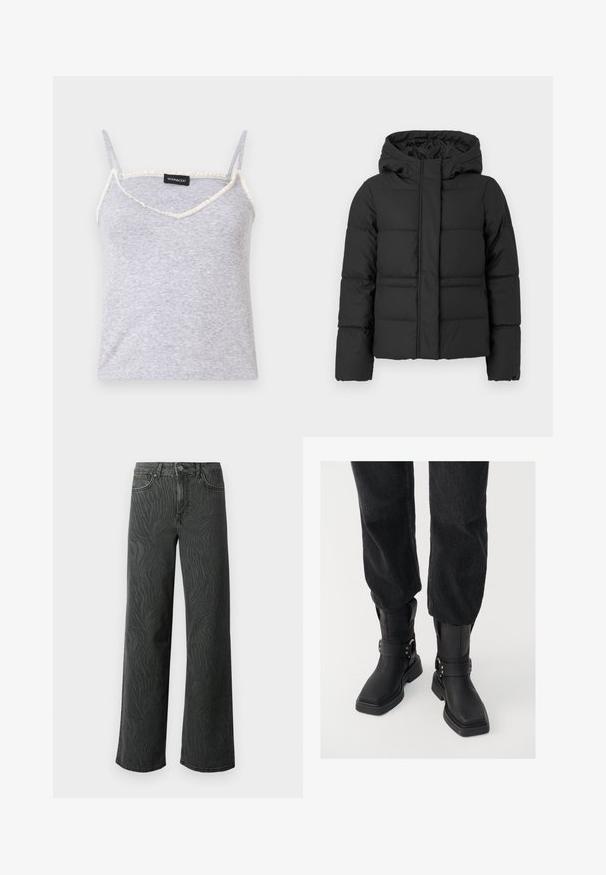 Schwarze Steppjacke aus wattiertem Stoff, mit Kapuze, Reißverschluss und leicht verkürztem Schnitt. Glatte Oberfläche mit gepolsterten Abschnitten.; Graues, geripptes Tanktop mit verstellbaren Spaghetti-Trägern. Hat einen V-förmigen Ausschnitt und fransigen cremefarbenen Saum entlang der Kanten.; Weite Jeans aus dunkelgrauem Denim, mit einer subtilen Zebra-Muster-Struktur, kontrastierenden Nähten und einem Fünf-Taschen-Design mit einem Knopfverschluss.; Schwarze Leder-Stiefeletten mit eckiger Zehenpartie, ausgestattet mit einem breiten Riemen und metallischem Schnallen-Detail. Die Stiefel haben eine klobige Sohle und eine glatte Textur.