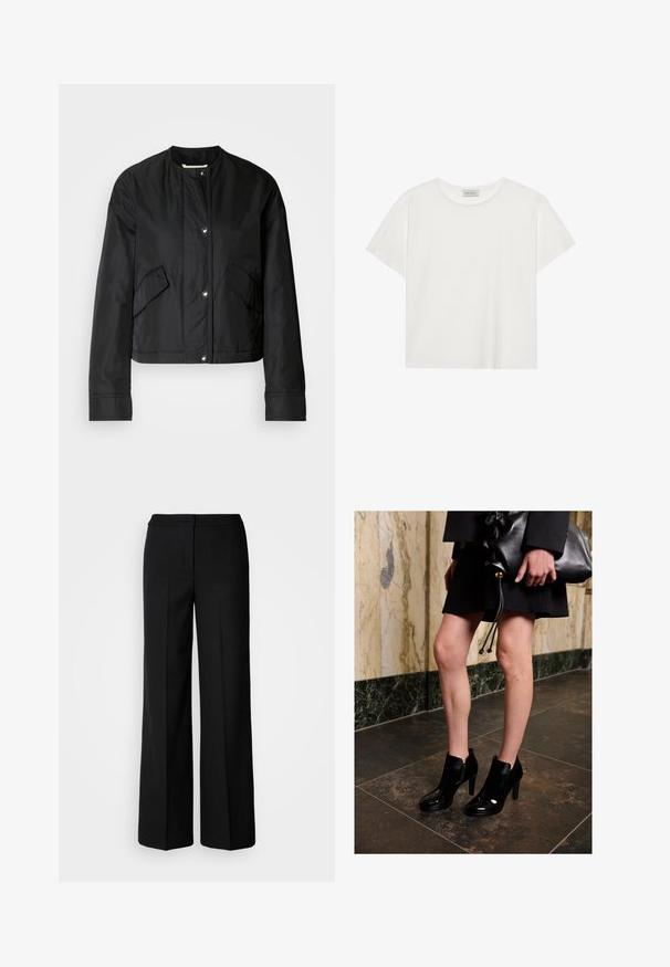 Black cropped jacket made of smooth fabric, featuring a round neckline, snap buttons, and two side pockets. Simple design with no pattern.; White short-sleeve T-shirt made of soft cotton. Features a round neckline and relaxed fit. Clean design with no visible patterns or accents.; Black wide-leg trousers with a smooth fabric, featuring a high waist, tailored seams, and a minimalist design. No visible hardware or pockets.; Woman wearing black ankle boots and a black skirt, holding a large black leather clutch, standing on dark tiled floor near marble wall.