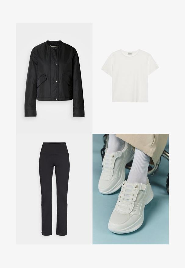Jaqueta preta cropped feita de tecido liso, com decote redondo, botões de pressão e dois bolsos laterais. Design simples sem padrão.; T-shirt branca de manga curta feita de algodão macio. Apresenta um decote redondo e um corte descontraído. Design limpo sem padrões ou detalhes visíveis.; Leggings pretas com uma cintura alta, feitas de um tecido elástico, com uma textura suave e pernas de calças retas. Sem padrões ou detalhes visíveis.; Tênis brancos com material em rede, sola de borracha, design sem atacadores com faixas elásticas e detalhes em tom dourado.
