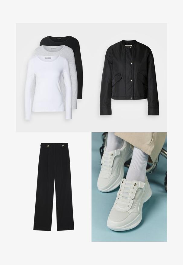 Zwarte cropped jas van gladde stof, met een ronde halslijn, drukknoopsluitingen en twee zijzakken. Eenvoudig ontwerp zonder patroon.; Drie lange mouwen t-shirts in wit, grijs en zwart; ronde halslijnen; gladde stof; labels zichtbaar op het grijze shirt voor merkaanduiding.; Zwarte wijde broek met hoge taille, knoopdetails op de tailleband en plooien aan de voorkant.; Witte sneakers met een mesh materiaal, rubberen zool, vetersloze uitvoering met elastische banden en gouden accenten.