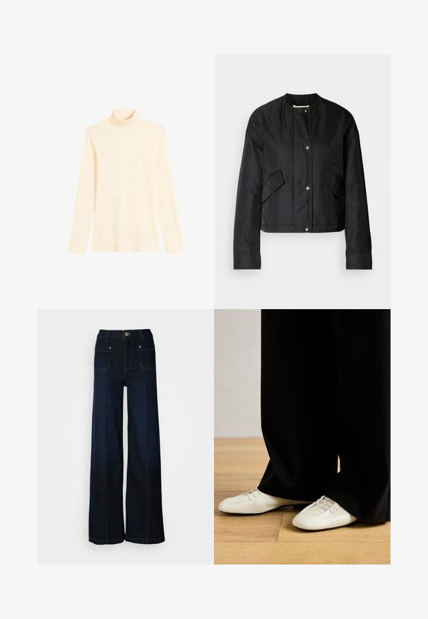 Black cropped jacket made of smooth fabric, featuring a round neckline, snap buttons, and two side pockets. Simple design with no pattern.; Light cream turtleneck sweater made from soft fabric, featuring long sleeves and a fitted silhouette with a high collar.; Wide-leg denim jeans in dark blue. Features front pockets, gold-tone hardware, and contrasting stitching. Smooth texture with a casual design.; Beige leather shoes with a sleek, rounded toe and decorative laces, paired with loose-fitting black trousers, on a wooden floor.