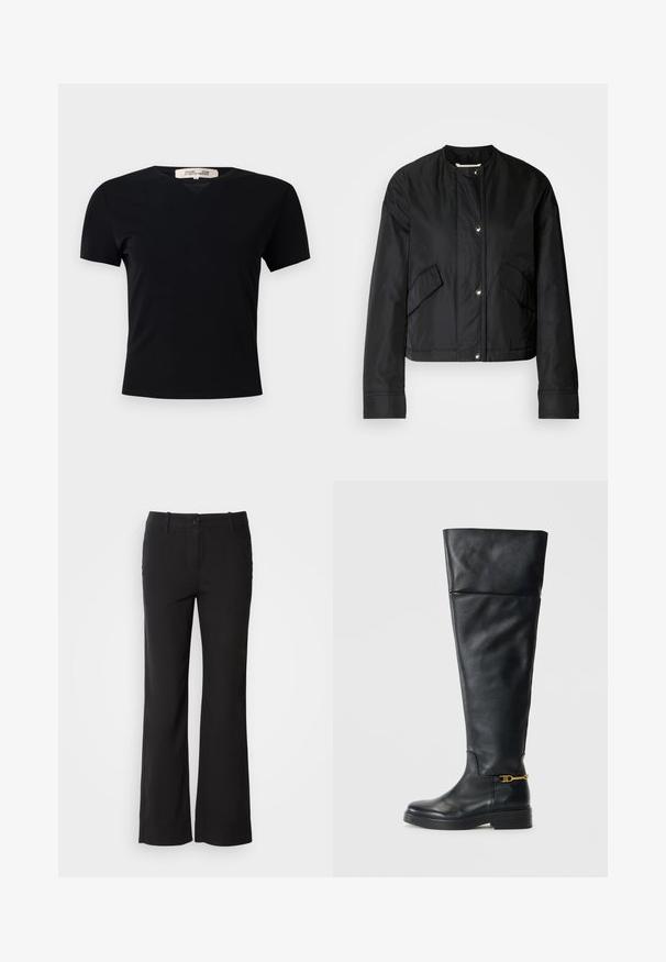 Must defektiga musta lühikeste varrukatega jakk, mis on valmistatud siledast kangast ja millel on ümar kaelus, nupud ning kaks küljetaskut. Lihtne disain ilma mustrita.; Must t-särk lühikeste varrukatega ja V-kaelusega, valmistatud siledast ja venivast kangast. Omab lihtsat ja klassikalist siluetti, millel puuduvad kaunistused.; Mustad puuvillasegu püksid sirge lõikega, ees nupuga kinnitamine ja kaks külge taskut. Sile tekstuur, nähtavaid mustreid ei ole.; Mustad üle põlve saapad, millel on saleda disainiga, ümar varvas, madal platvormiga välimus ja kuldse aksessuaariga põlve lähedal.