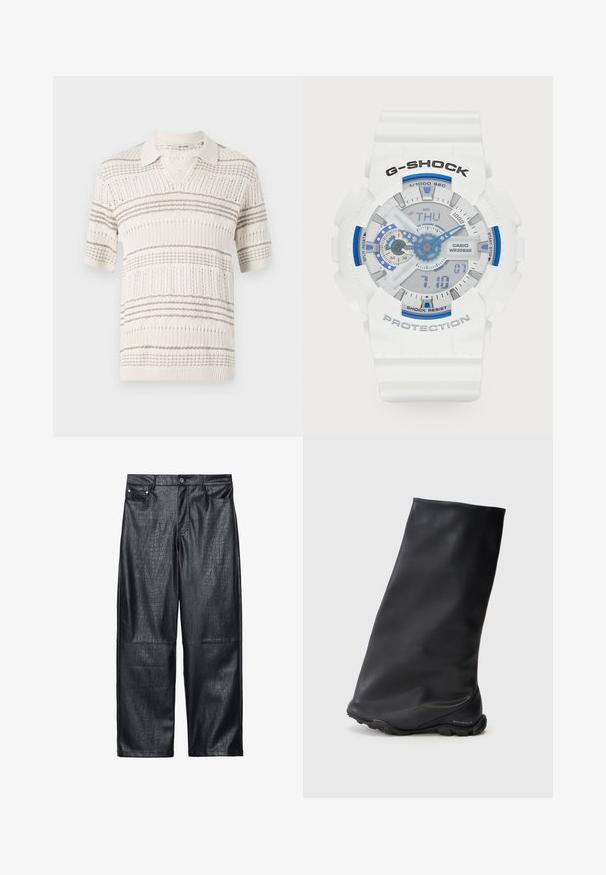 Gekürzte schwarze Lederjacke mit Reißverschluss, breitem Kragen und übergroßen Ärmeln, die eine glatte und glänzende Textur aufweist.; Strick-Polohemd mit kurzen Ärmeln in Beige mit hellbraunen horizontalen Streifen. Verfügt über einen kragenlosen Ausschnitt und ein strukturiertes Muster im gesamten Design.; Schwarzes T-Shirt mit kurzen Ärmeln, das ein großes, starkes Grafikdesign eines orange-schwarzen Tigers sowie einen kleinen orangen "roberto cavalli"-Schriftzug auf der Vorderseite zeigt.; Schwarze, taillierte weit geschnittene Lederhosen aus Kunstleder mit Krokodilmuster, traditionellem Fünf-Taschen-Design sowie Details aus silberfarbenem Knopf und Nieten.; Schwarze Knöchelboots mit einer glatten, matten Textur, einem engen, minimalistischen Design und einer Gummisohle. Markenlogo auf der Ferse geprägt.; Weißer G-SHOCK-Uhr mit blauen Akzenten. Digital- und Analoganzeigen, strukturiertes Armband, wasserdicht bis 20 bar, beschriftete Tasten und klares Zifferblatt.