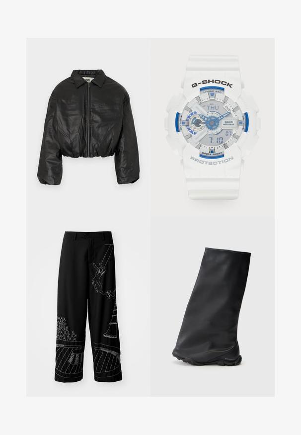 Cropped black leather jacket with a zipper closure, wide collar, and oversized sleeves, featuring a smooth and glossy texture.; Black short-sleeve t-shirt with a large fierce orange and black tiger graphic and small orange "roberto cavalli" text on the front.; Black wide-leg trousers featuring white abstract embroidery of figures and shapes, made from a smooth fabric, with a front button closure.; Black ankle boot featuring a smooth, matte texture with a snug, minimalist design and a rubber sole. Brand logo embossed on the heel.; White G-SHOCK watch with blue accents. Digital and analog displays, textured strap, water-resistant up to 20 bar, labeled buttons, and clear face.