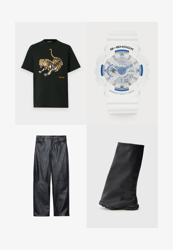 Zkrácená černá kožená bunda se zipem, širokým límcem a nadměrnými rukávy, s hladkým a lesklým povrchem.; Černé tričko s krátkým rukávem s velkým ostrým grafickým potiskem oranžového a černého tygra a malým oranžovým textem "roberto cavalli" na přední straně.; Černé kalhoty ze syntetické kůže s širokými nohavicemi, opatřené krokodýlím vzorem, tradičním designem pěti kapes a detaily včetně stříbrných knoflíků a nití.; Černé kotníkové boty s hladkou, matnou texturou, úzkým minimalistickým designem a gumovou podešví. Logo značky ražené na patě.; Bílá hodinky G-SHOCK s modrými akcenty. Digitální a analogové displeje, strukturovaný pásek, voděodolné až do 20 bar, popsané tlačítka a jasný ciferník.