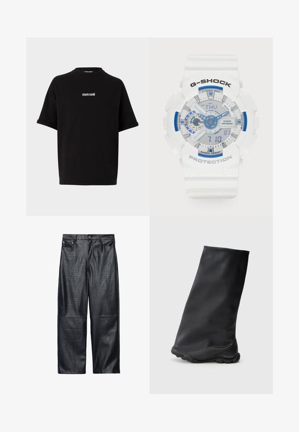 Cropped black leather jacket with a zipper closure, wide collar, and oversized sleeves, featuring a smooth and glossy texture.; Black short-sleeve T-shirt with small white "roberto cavalli" logo centered on the chest, featuring a round neckline and rolled sleeve cuffs.; Black faux leather wide-leg pants featuring a crocodile texture, traditional five-pocket design, and silver-tone button and rivet details.; Black ankle boot featuring a smooth, matte texture with a snug, minimalist design and a rubber sole. Brand logo embossed on the heel.; White G-SHOCK watch with blue accents. Digital and analog displays, textured strap, water-resistant up to 20 bar, labeled buttons, and clear face.