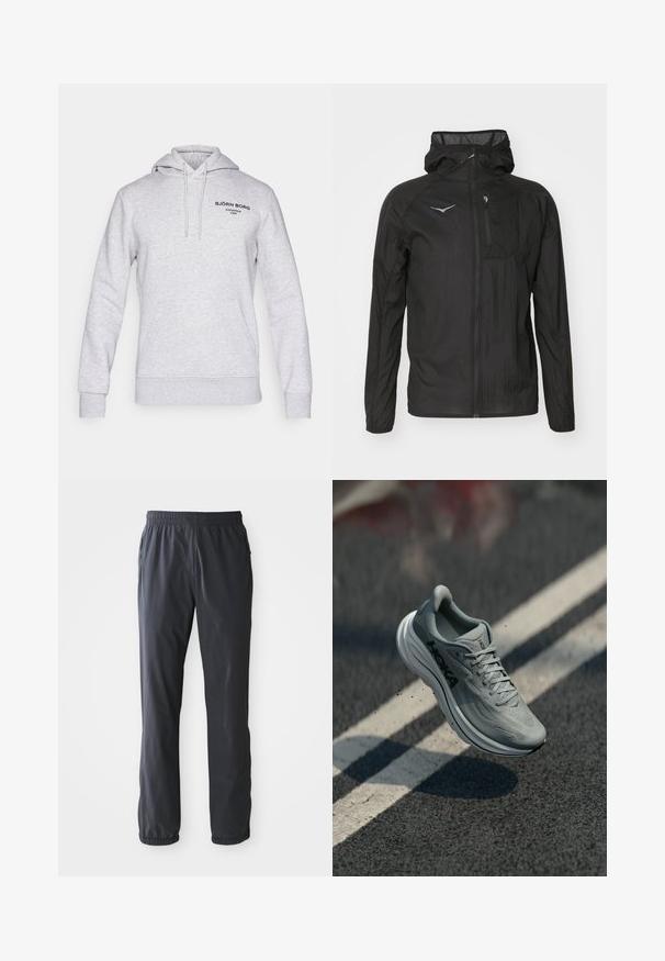 Črna lahko jakna iz teksturirane tkanine, z zadrgo spredaj, kapuco in majhnim žepkom na prsih z logotipom.; Siva kapuca iz bombažne mešanice, z vrvico za regulacijo na kapuci, sprednjim žepom in črnimi natisnjenimi logotipnimi podrobnostmi na prsih.; Moške temno sive lahke hlače z elastičnim pasom in manšeto na gležnjih, sprednji žepi z zadrgami, ležijo na beli podlagi.; Svetlosivi Hoka tekaški čevlji v zraku nad asfaltno cesto s belimi črtami in majhnimi delci umazanije.