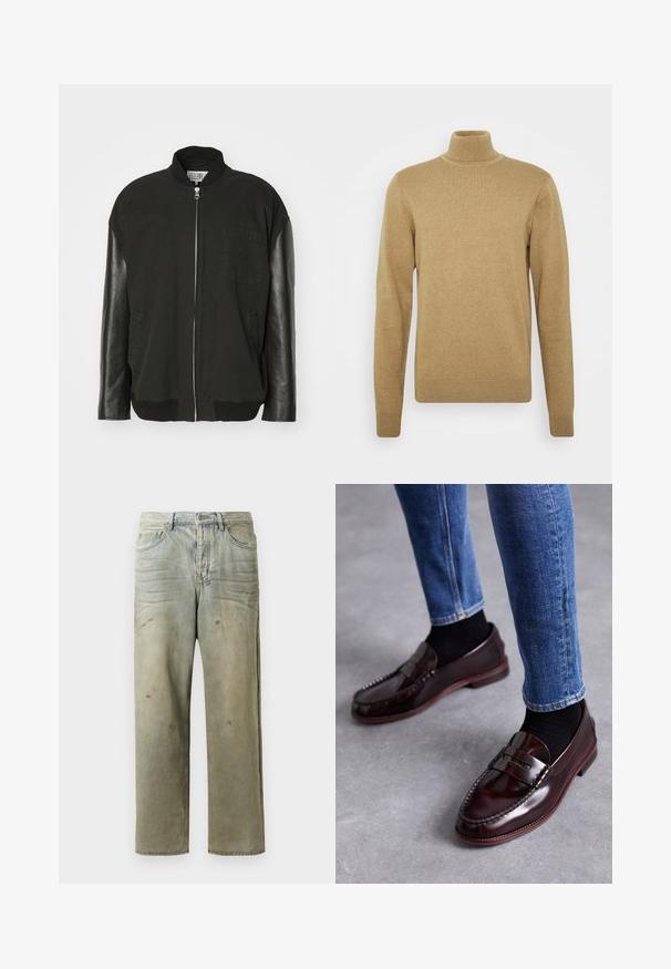 Čierna bomber bunda s bavlneným telom, koženými rukávmi, predným zipsom a náprsné vrecko s jemným vzorovaním.; Béžový rolák vyrobený z mäkkej pleteniny. Má dlhé rukávy a priliehavý strih. Hranatý lem a akcenty na golieri sú ribbované.; Zničené džínsy vo svetlozelenej farbe s rovnými nohavicami, piatimi vreckami a nerovnomerným vyblednutím so škvrnami od farby.; Paul Smith LIDO BORDO - Elegantné našuchovačky - red