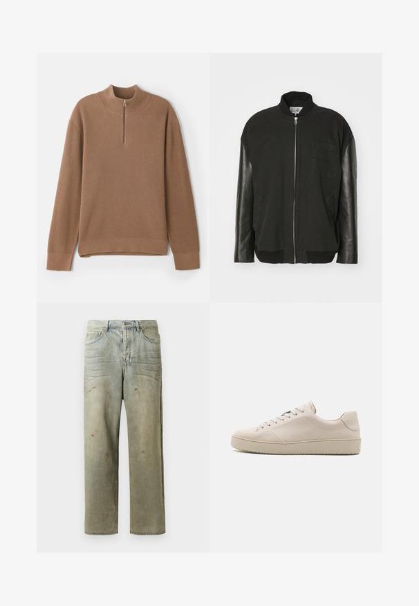 Čierna bomber bunda s bavlneným telom, koženými rukávmi, predným zipsom a náprsné vrecko s jemným vzorovaním.; Hnedý ryhovaný pulóver s vysokým golierom a polozipsovým uzáverom. Obsahuje dlhé rukávy a rovný lem so bočnými rozparkomi pre ľahkosť pohybu.; Zničené džínsy vo svetlozelenej farbe s rovnými nohavicami, piatimi vreckami a nerovnomerným vyblednutím so škvrnami od farby.; Béžové kožené tenisky so hladkým povrchom, okrúhlou špičkou, plochou podrážkou a klasickým šnurovaním. Jemné akcenty z prešívania a textúrovaná podrážka.