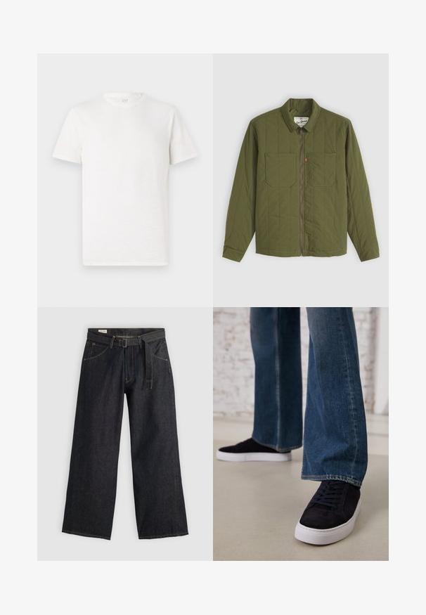 Olušā zaļā segu jaka ar apkakles izgriezumu, priekšējo rāvējslēdzēju un divām krūšu kabatām. Iezīmējas ar smalkām izšuvuma detaļām un mīkstu tekstūru.; Īsām piedurknēm, apaļās apkakles T-krekls krēmkrāsā, izgatavots no mīksta kokvilnas sajaukuma ar nedaudz teksturētu virsmu un bez redzamām rakstām vai akcentiem.; Tumši džinsa platā kēja bikses ar jostu, ar priekšējiem kabatām un kontrastējošu šuvi. Gluda tekstūra ar tīru dizainu.; Tumši zilas zamšādas sporta kurpes ar baltu gumijas zoli un šņorēm, apvienotas ar platām kājām džinsu biksēm vidēji zila nomazgātā tonī.