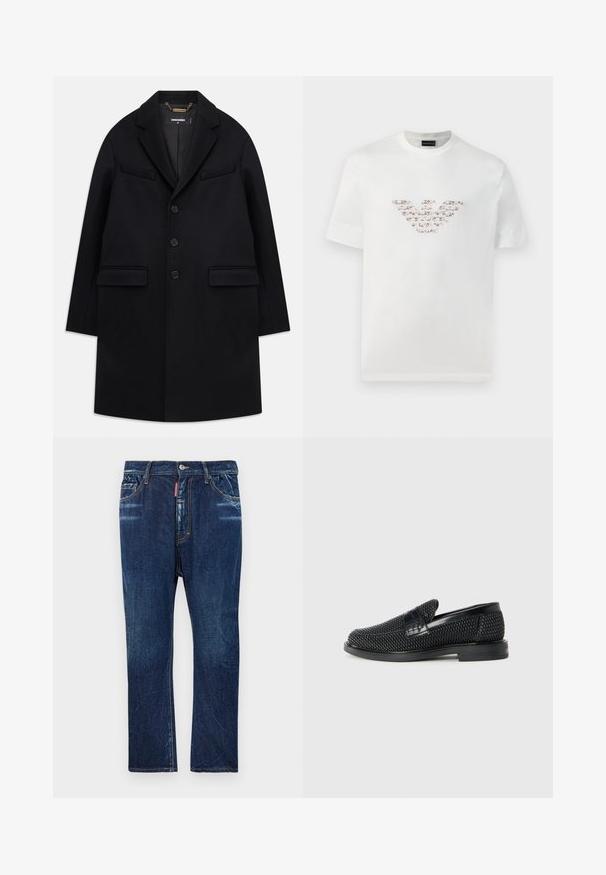 Crni kaput od vune s izrezanim reverom, jednostruko zakopčavanje, tri gumba, dva prednja džepa i minimalistički estetika.; Bijela pamučna majica s kratkim rukavima i okruglim izrezom. Sadrži središnji dizajn loga u ružičastim i smeškim nijansama.; Tamno plave traperice s ravnim nogavicama, s laganim izbljeđivanjem, žutim šavovima, prednjim džepovima i kopčanjem na dugme.; Crne pletene cipele bez pertli s glatkim kožnim naglaskom na gornjem dijelu, s dizajnom okruglog nosa i niskoprofilnom gumenom đonom.