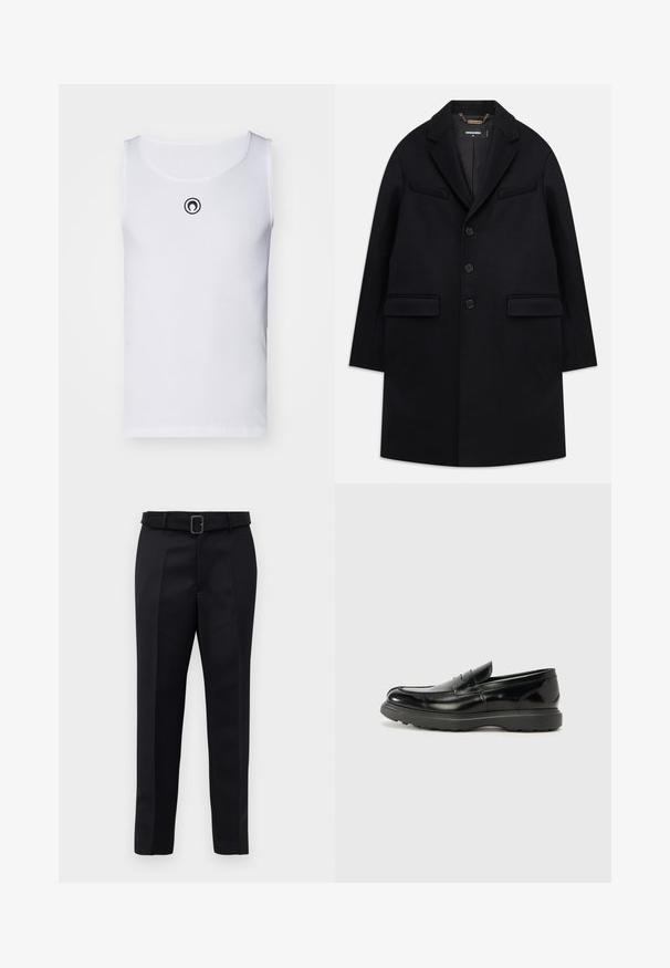 Juodas vilnonis paltas su įpjovimu, vieno užsegimo dizainu, trimis mygtukais, dviem priekinėmis kišenėmis ir minimalistine estetika.; Balta be rankovių marškinėliai, pagaminti iš banguoto audinio, su apvaliu iškirpimu ir mažu juodu logotipu ant krūtinės.; Juodos pritaikytos kelnės turi lygią medžiagą, tiesų kirpimą ir diržą su stačiakampiu sagtimi. Išskirtiniai priekiniai raukšliai pagerina dizainą.; Juodas odinis loaferis su blizgiu paviršiumi, apvaliu pirštu, subtiliais siūlių detalėmis ir storu guminio pado, užtikrinančio ilgaamžiškumą.