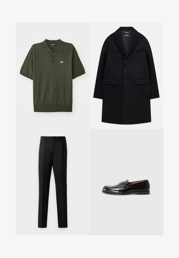 Črn volnen plašč z ožjim reverjem, enojnim zapenjanjem, tremi gumbi, dvema sprednjima žepoma in minimalističnim estetskim slogom.; Temna zelena polo majica iz pletenine. Ima klasičen ovratnik, tri gumbe, kratke rokave in majhen logotip "D2" na prsih.; Črne formalne hlače, izdelane iz gladkega blaga, s straight leg dizajnom, sprednjimi pregibi in standardnim pasom brez okraskov.; Usnjeni loafers v črni barvi s gladko površino, okroglo konico, dekorativnim šivanjem in majhnim kovinskim dodatkom spredaj.
