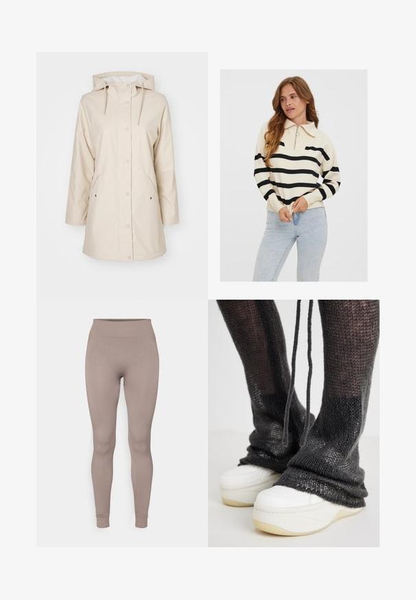 Impermeable beige con capucha, botones a presión y bolsillos laterales. Fabricado con material suave y waterproof. Cuenta con un forro suave.; Suéter color crema con rayas horizontales negras, cuello con media cremallera y puños acanalados, combinado con jeans de color azul claro.; Leggings acanalados en un suave color taupe, con una cintura alta, ajuste ceñido y tobillos ajustados. Fabricados con un tejido texturizado y elástico.; Calentadores de piernas de punto en gris oscuro con un ajuste holgado y cordones, combinados con zapatillas deportivas de plataforma blancas con una suela texturizada.