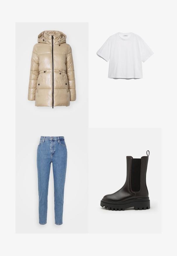 Μπεζ επενδεδυμένο μπουφάν με γυαλιστερό φινίρισμα, που διαθέτει κουκούλα, μπροστινό φερμουάρ, ρυθμιζμένη μέση με κορδόνι και δύο πλαϊνές τσέπες με μαύρους κλιπ.; Λευκό βαμβακερό t-shirt με κοντά μανίκια, στρογγυλή λαιμόκοψη, χαλαρή εφαρμογή και χωρίς ορατά σχέδια ή γραφικά. Λείο υφασμάτινο στρώμα και απλός σχεδιασμός.; Μπλε ψηλόμεσα τζιν με ίσια γραμμή, με μπροστινό κουμπί και φερμουάρ, θηλιές ζώνης και τσέπες, εκτεθειμένα σε απλό λευκό φόντο.; Καφέ δερμάτινα μποτάκια μέχρι τον αστράγαλο με υφασμάτινη ελαστική πάνελ, παχύ μαύρο καουτσούκ σόλα και λαβή. Κομψός σχεδιασμός με ελάχιστο ράψιμο.