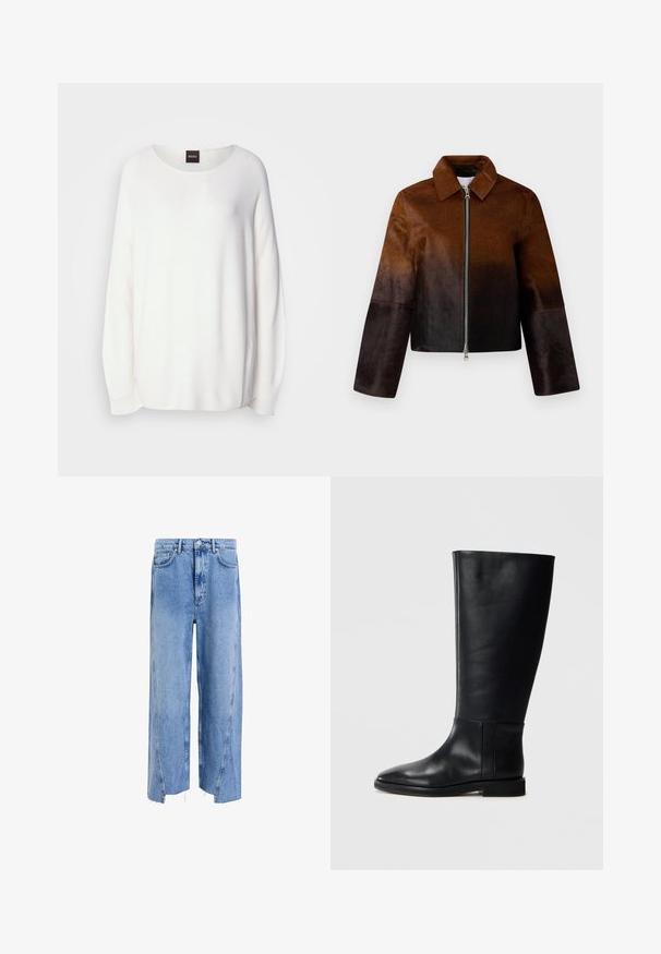 Barna bőrkabát, amely világosból sötétbe átmenetet mutat, cipzáros zárással, hegyes gallérral és rövidített, széles ujjú kialakítással rendelkezik.; Fehér pulóver kerek nyakkivágással, hosszú ujjal és laza szabással. Bordás szerkezet, finom fényesség, és BOSS címke hátul.; Világoskék farmernadrág, laza szabással, magas derékkal, széles lábakkal, nyers szegésekkel és látható varrási részletekkel.; Fekete bőrből készült, térd fölé érő csizma, lekerekített orral, sima felülettel, minimalista dizájnnal és lapos talppal. Egyszerű varrási részletek a szárán.