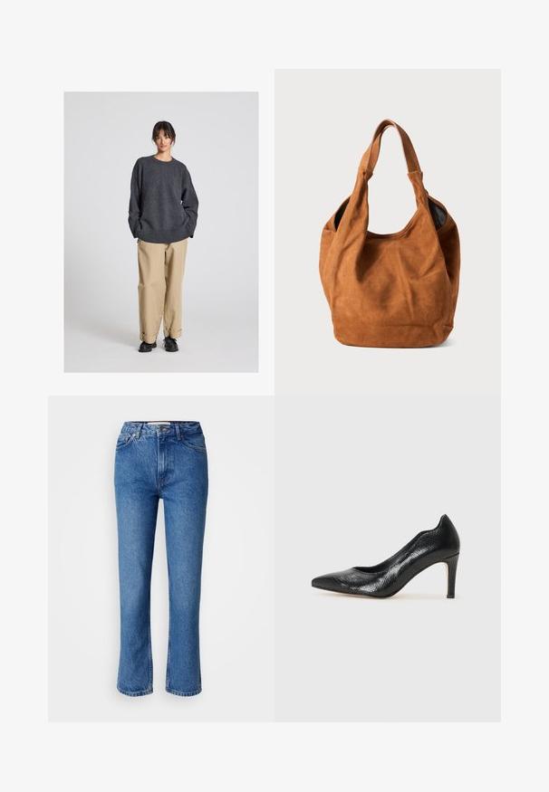 Rjava usnjena jakna z gradacijo od svetle do temne, z zadrgo, s koničastim ovratnikom in skrajšanim dizajnom ter širokimi rokavi.; Siv pulover z ohlapnim krojem in rebrastim robom, v kombinaciji s svetlo bež hlačami s cuffs in črnimi čevlji. Gladka tekstura, minimalističen design.; Modra traper hlače s ravnim krojem, ki vključujejo klasičen dizajn s petimi žepi, oranžnim šivanjem in zapiranjem na gumb.; Črne visoke pete z ostrim nosom, izdelane iz teksturiranega materiala z diskretnim vzorcem reptilskih kož. Trden petni del za oporo.; Rjava semiš torba za ramo z mehkobo, ukrivljeno obliko in dvema ročajema. Ima minimalen dizajn brez vidnih kovinskih delov ali okrasnih elementov.