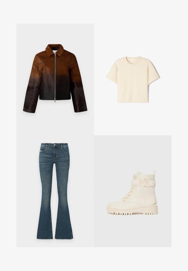 Giacca di pelle marrone con un gradiente che va dal chiaro allo scuro, chiusura con zip, colletto a punta e design accorciato con maniche ampie.; T-shirt beige a maniche corte realizzato in morbido tessuto, con scollatura rotonda e vestibilità rilassata, caratterizzato da una texture sottile e senza motivi visibili.; Jeans blu a zampa d'elefante in denim, con vita a media altezza, tasche frontali e leggeri sbiadimenti lungo le gambe. Stile classico a cinque tasche.; Stivali alla caviglia bianchi con un design floreale in rilievo, chiusura con lacci, cinturino laterale con un logo dorato e suola robusta per una migliore aderenza.
