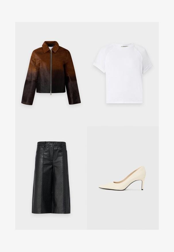 Rjava usnjena jakna z gradacijo od svetle do temne, z zadrgo, s koničastim ovratnikom in skrajšanim dizajnom ter širokimi rokavi.; Bela bombažna majica s krojem okoli vratu, kratkimi raglan rokavi in sproščenim krojem. Gladka tekstura brez vidnih vzorcev ali detajlov.; Črne kratke hlače iz teksturiranega umetnega usnja, ki imajo pikčasto vzorčenje, stranske žepke in ravno krojenje.; Beli usnjeni čevlji s peto in ostrim nosom, gladka tekstura ter črn podplat. Klasičen dizajn z zmerno višino pete.