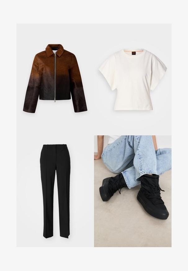 Hnědá kožená bunda s přechodem od světlé po tmavou, zapínání na zip, špičatý límec a zkrácený střih s širokými rukávy.; Bílý zkrácený T-shirt, krátké široké rukávy, měkký bavlněný materiál, kulatý výstřih s jemným oranžovým lemováním, minimalistický design, bez vzorů nebo grafik.; Černé kalhoty na míru se střihem do rovna, které mají hladkou texturu a ostré sklady na přední straně. Bez viditelného kování.; Černé tenisky do kotníků s polstrovaným svrškem, strukturovanou tkaninou a nastavitelnými šňůrkami. Silné gumové podrážky a štíhlý, minimalistický design.