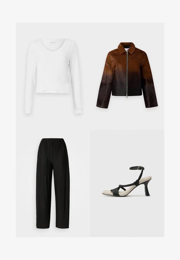 Pruun nahkjakk, millel on kerge kuni tumeda gradient, tõmblukuga lukustus, terav krae ja lühike lõige ning laiad varrukad.; Valge pika varrukaga V-kaelusega lühike särk kitsas disainis ja laiade varrukatega, esitlemises lihtsal taustal.; Mustad voodri laiad püksid elastse vöökoha ja vertikaalsete volangidega, millel on sile tekstuur.; Mustad musta kontsaga sandaal, millel on punutud rihma disain, ruudukujuline varvas ja reguleeritav pahkluu rihm. Heleda beeži värvi jalapadi ja läikiv must konts.