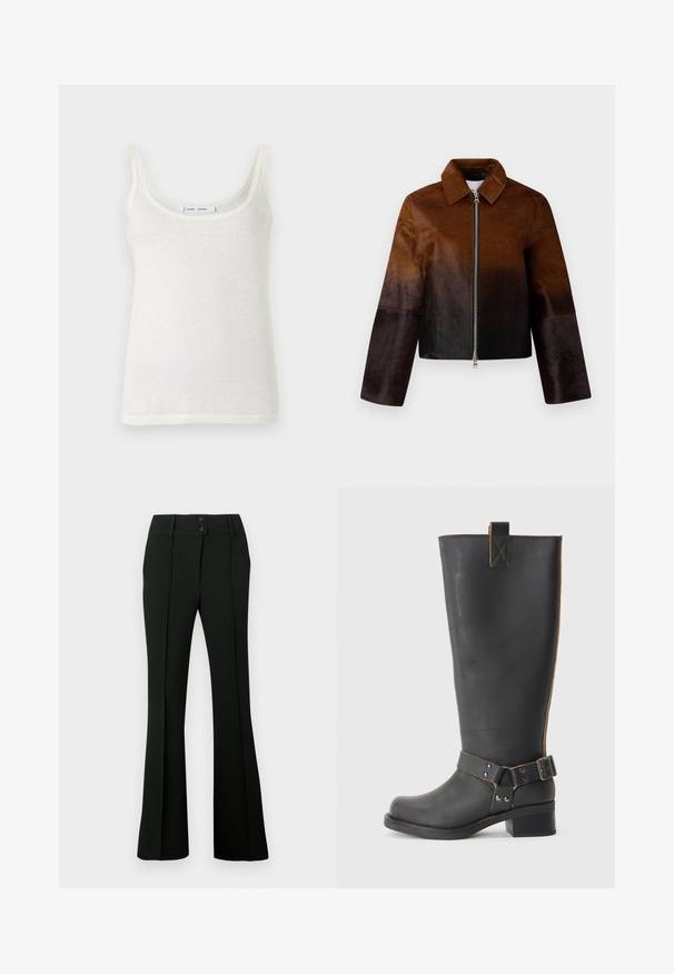 Casaco de couro marrom com um degradê do claro para o escuro, fecho zip, colarinho pontudo e design curto com mangas largas.; Camisola de algodão branca sem mangas com alças finas, apresentando um decote arredondado e uma textura ligeiramente translúcida. A bainha é reta, sem detalhes adicionais.; Calças pretas com corte evasê, confeccionadas em tecido liso, cós alto com dois botões e pregas frontais, conferindo um aspeto ajustado.; Bota preta de couro até ao joelho com um acabamento texturizado, apresentando um detalhe de fivela lateral e um salto baixo. Costura detalhada ao longo das costuras.