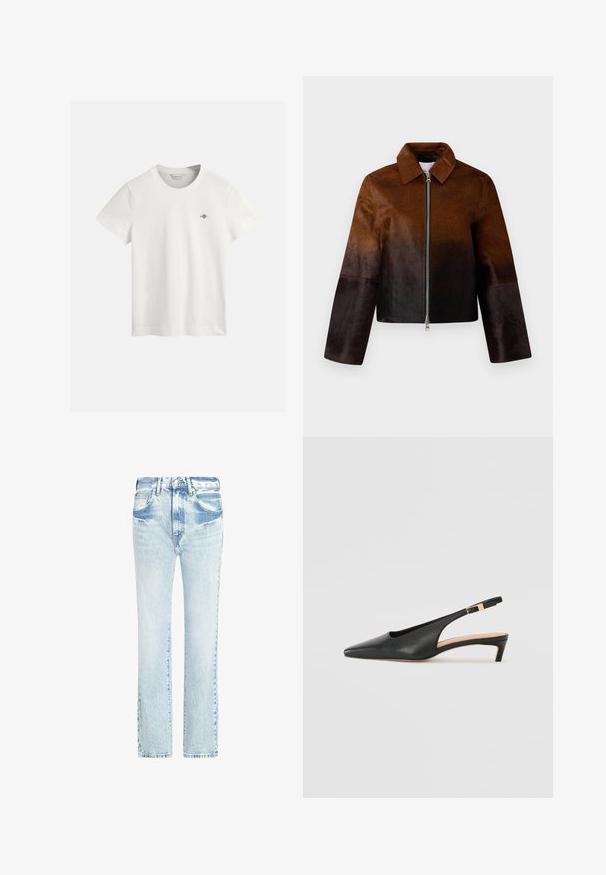 Bruine leren jas met een gradient van licht naar donker, ritssluiting, spitse kraag en een cropped ontwerp met brede mouwen.; Witte katoenen t-shirt met een ronde hals, korte mouwen en een klein paars logo op de linkerkant van de borst. Glad materiaal, standaard pasvorm.; Lichtblauwe denim jeans met een recht model, vijf zakken en een vervaagde textuur. Kenmerkt zich door zichtbare stiksels en een klassieke knoopsluiting.; Zwarte leren slingback hak met een eveneens spitse neus, lage hak en een verstelbare enkelband met een goudkleurige gespsluiting. Glad reliëf.